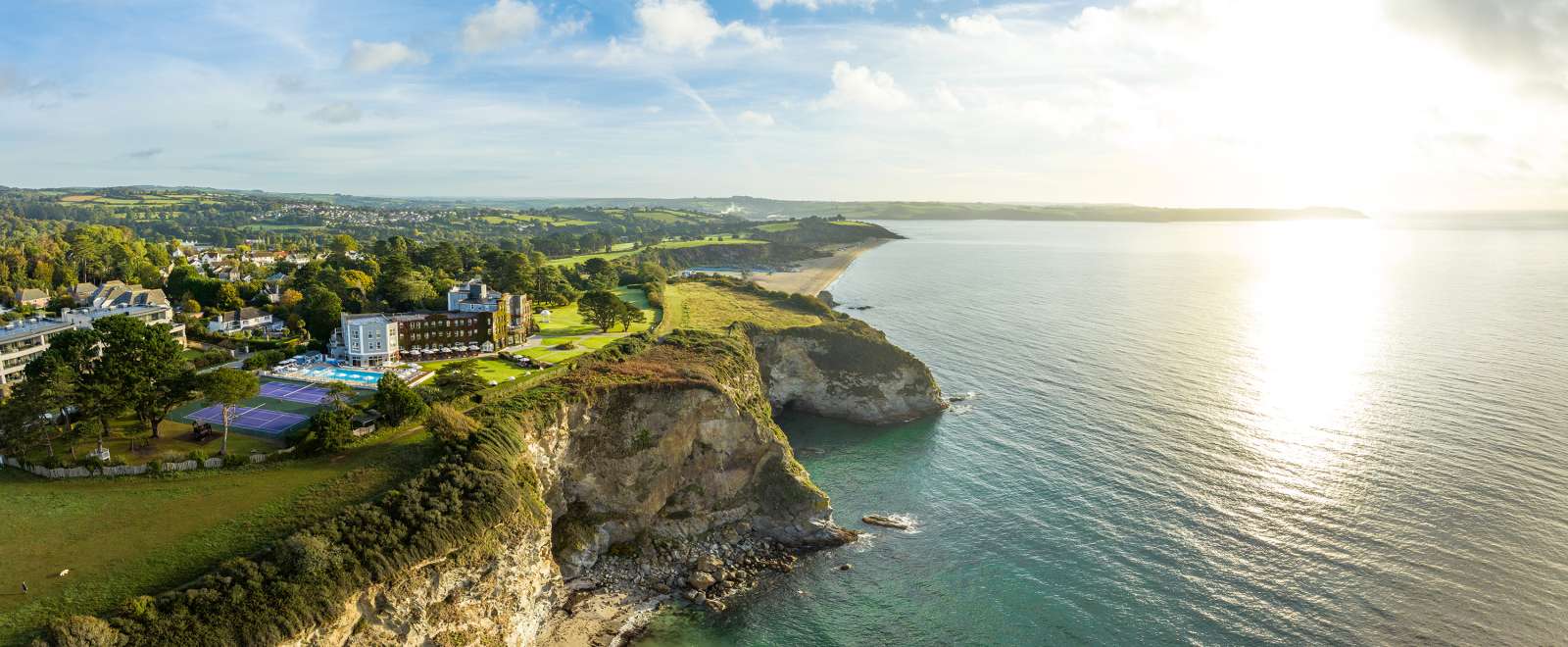 Carlyon Bay Hotel Aerial View with Cliffs and Beach in distance