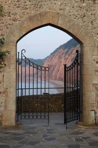 Belmont Hotel Gate View of Sidmouth Beach and Cliffs