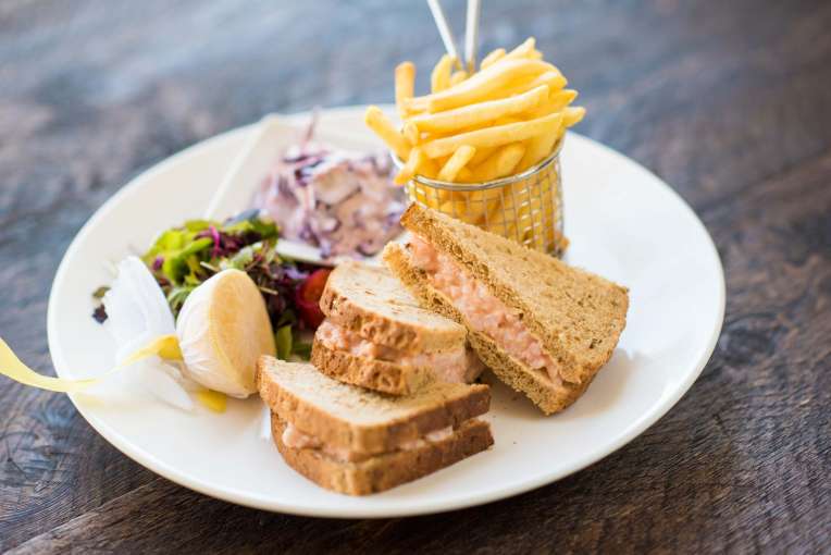 Carlyon Bay Hotel Restaurant Dining Prawn Sandwich with Fries and Salad