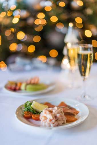 Devon Hotel Restaurant Dining Christmas Prawn and Salmon Starter with Prosecco