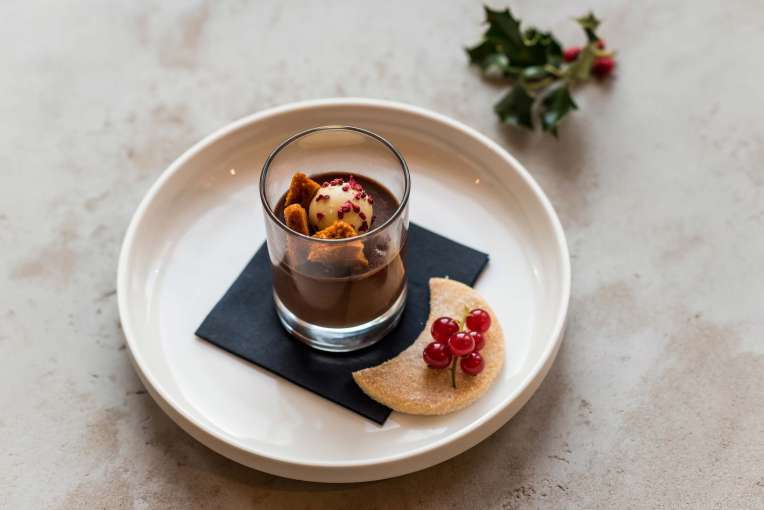 Imperial Hotel Restaurant Dining Christmas Dark Chocolate Bavarois with Honeycomb and Chocolate Truffle Dessert