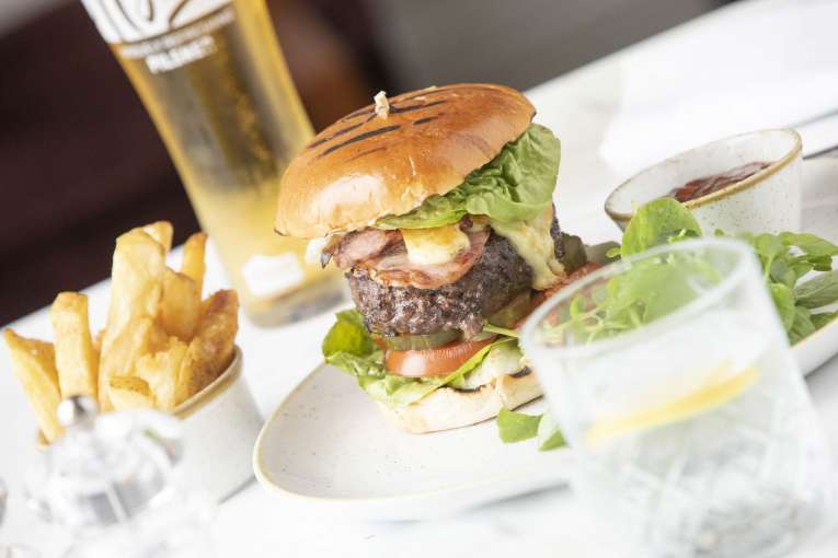 Royal Duchy Hotel Restaurant Dining Burger and Chips with a Pint of Beer