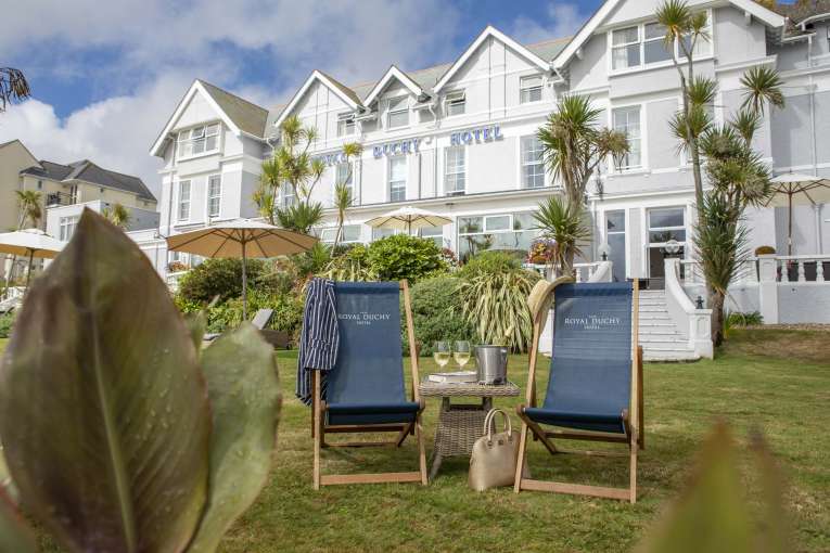 Royal Duchy Hotel External View with Deck Chairs and Wine