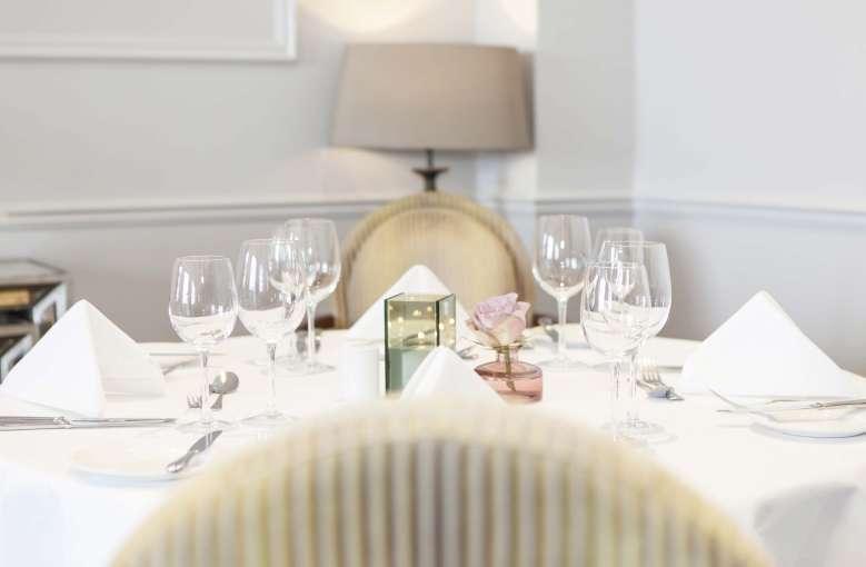 Royal Duchy Hotel Restaurant Dining Table with Wine Glasses