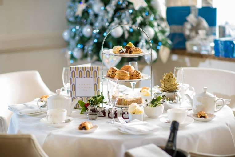 Saunton Sands Hotel Restaurant Dining Festive Afternoon Tea with Christmas Decorations