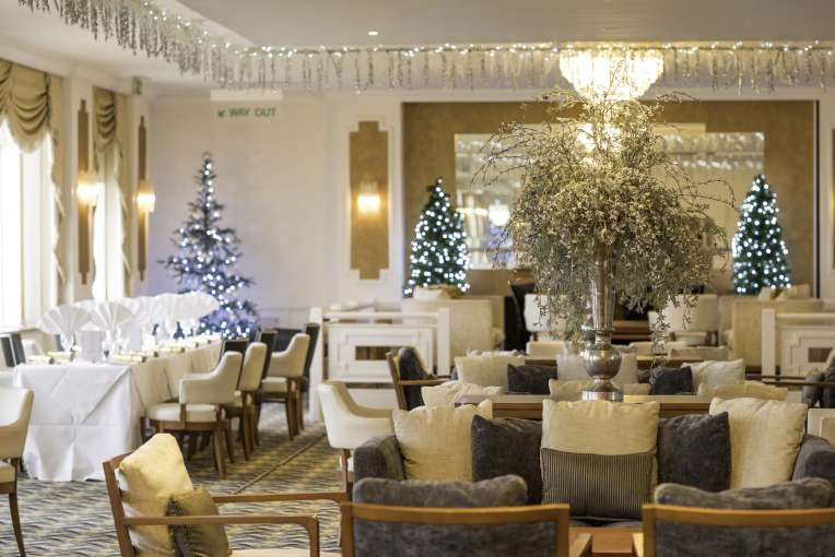 Saunton Sands Hotel Restaurant Dining Area and Lounge with Christmas Decorations