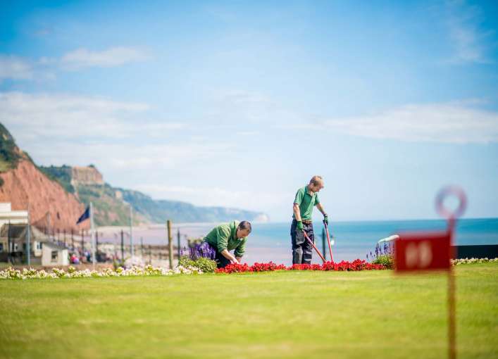 Victoria Hotel Gardeners Working with View of Sidmouth Beach and Cliffs