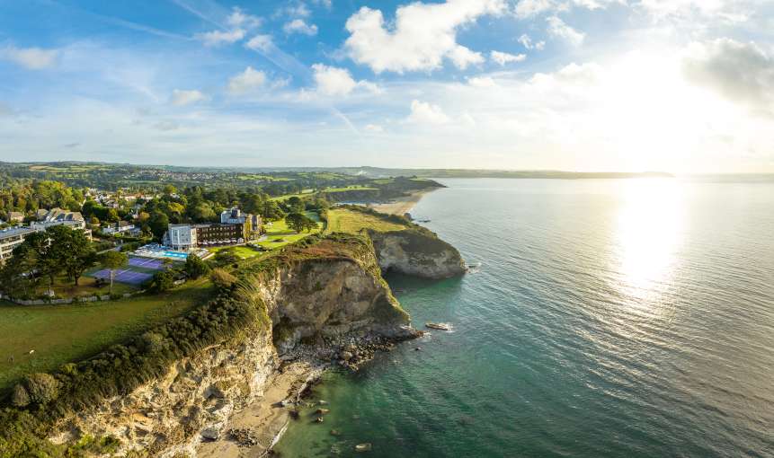 Carlyon Bay Hotel Aerial View with Cliffs and Beach in distance