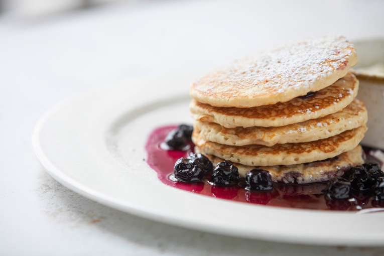 Royal duchy dining room breakfast blueberry pancake stack