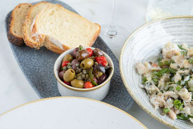 Royal duchy terrace lounge lunch crab salad olives and bread