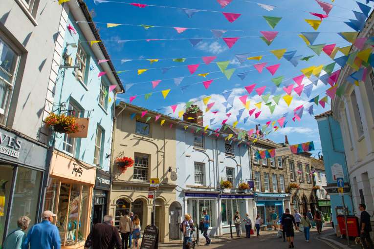 Falmouth high street with bunting