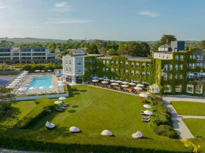 Aerial shot of The Carlyon Bay Hotel in St Austell
