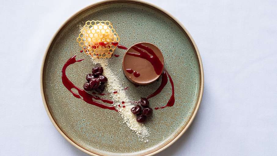 Chocolate Cremeux Cake with Cherries and Hazelnut Ice Cream