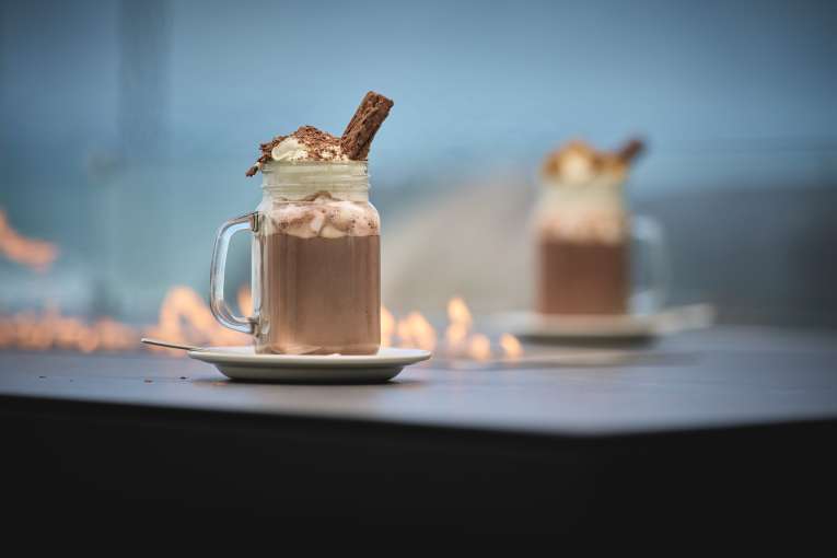 Hot chocolate at Saunton sands hotel in front of the fire place