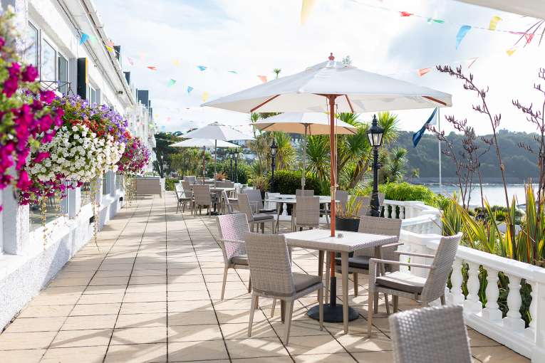 Terrace at The Royal Duchy Hotel on a sunny day 