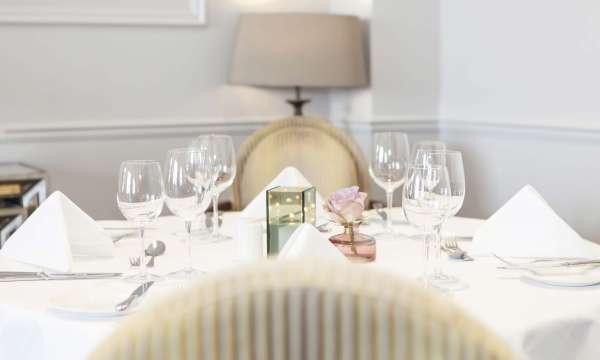 Royal Duchy Hotel Restaurant Dining Table with Wine Glasses