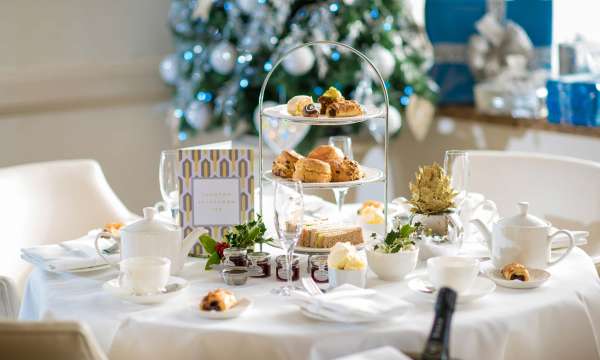 Saunton Sands Hotel Restaurant Dining Festive Afternoon Tea with Christmas Decorations