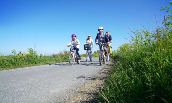 A family cycling on a country lane