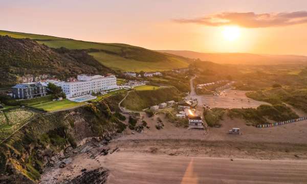 saunton sands hotel ariel shot from sea sunrise