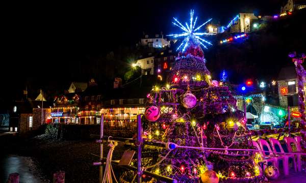 Christmas lights in Clovelly Harbour