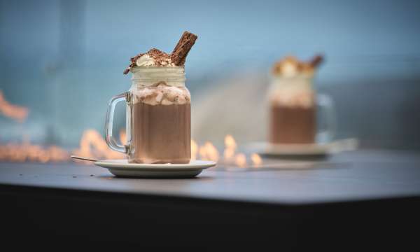 Hot chocolate at Saunton sands hotel in front of the fire place