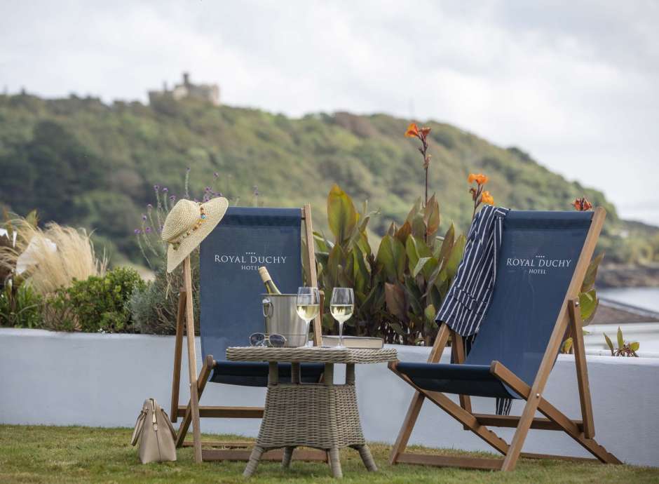 Royal Duchy Hotel View to Pendennis with Deck Chairs and Wine