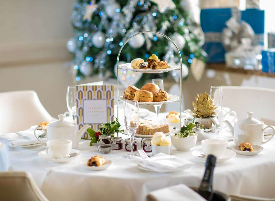 Saunton Sands Hotel Restaurant Dining Festive Afternoon Tea with Christmas Decorations