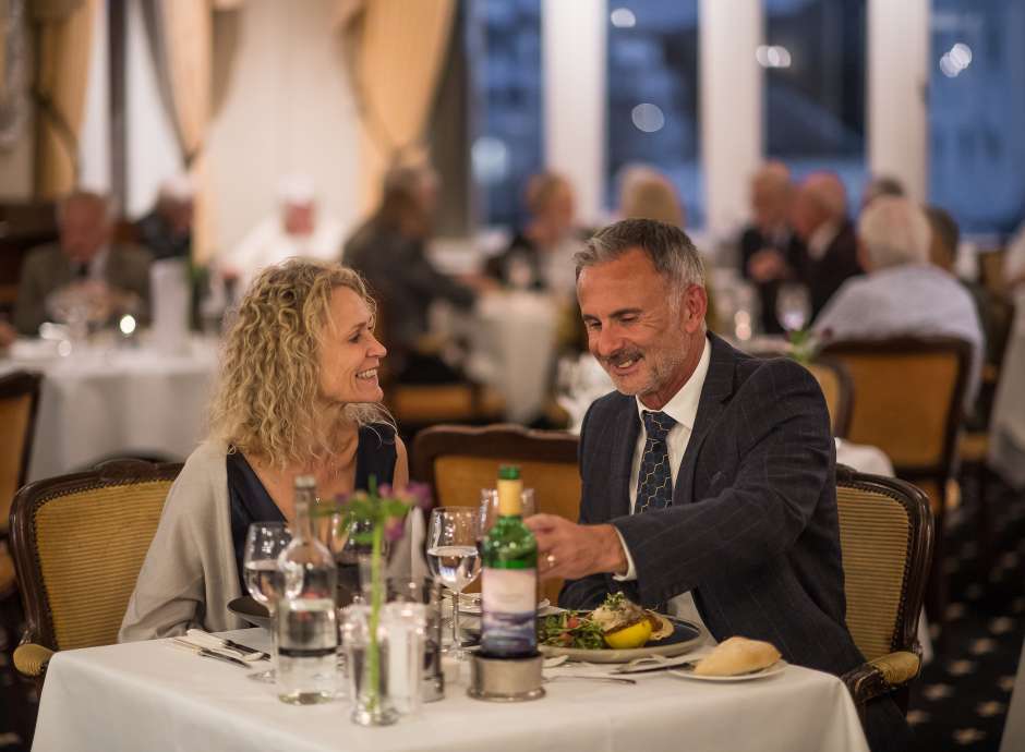 Couple dining in jubilee restaurant at the Victoria hotel