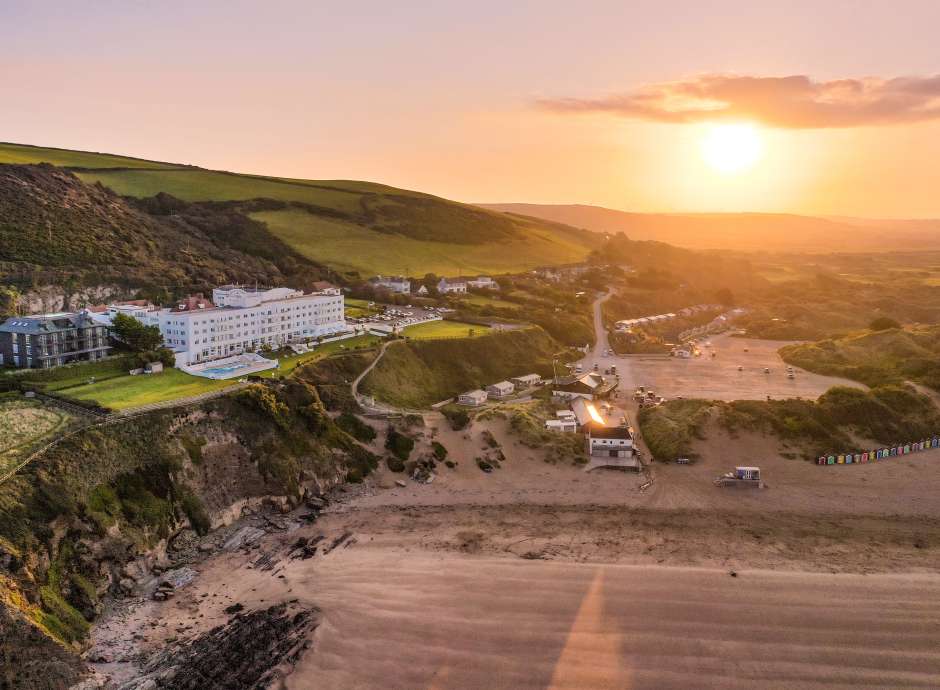 saunton sands hotel ariel shot from sea sunrise