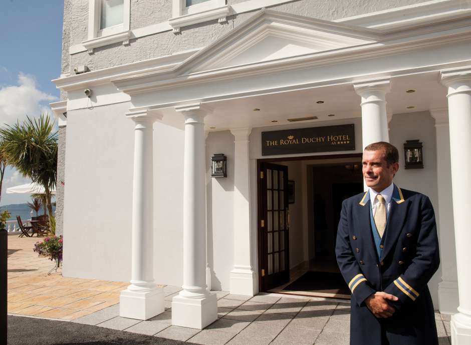 James at the front of the Royal Duchy Hotel