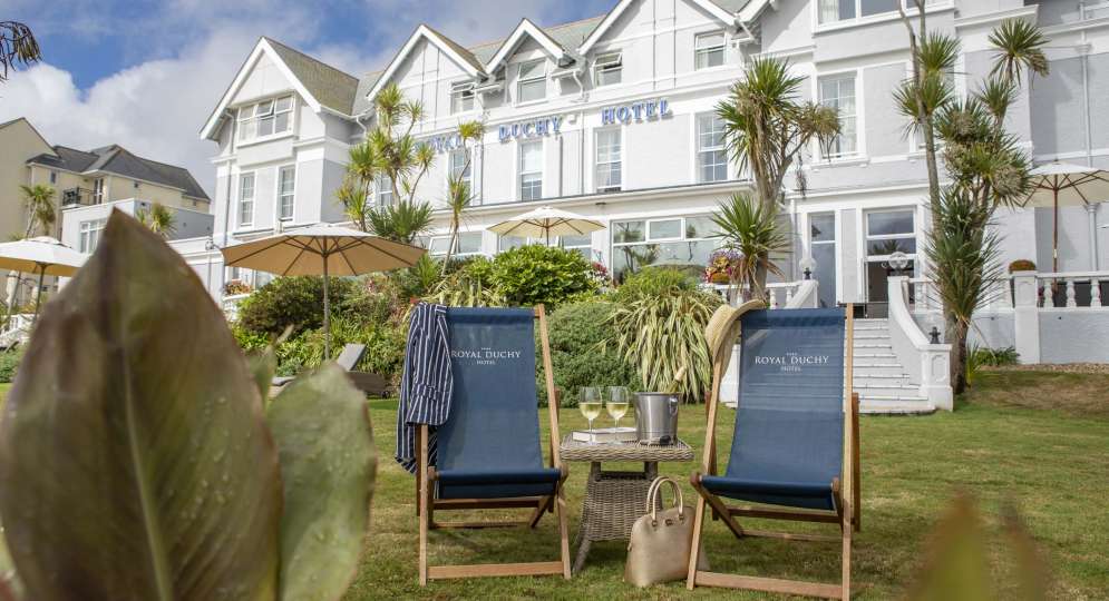 Royal Duchy Hotel External View with Deck Chairs and Wine