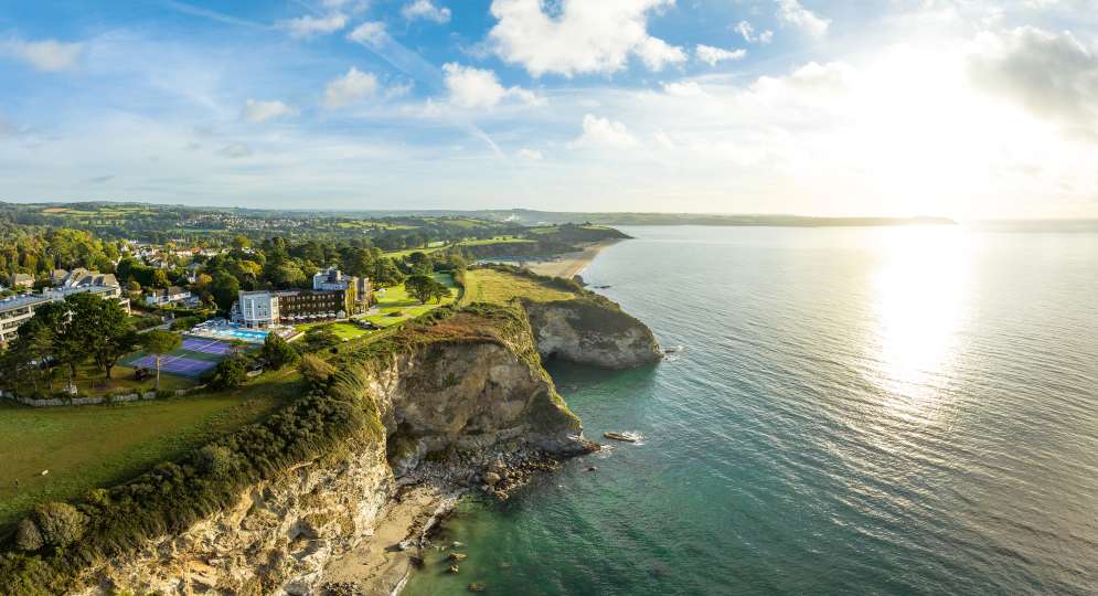 Carlyon Bay Hotel Aerial View with Cliffs and Beach in distance