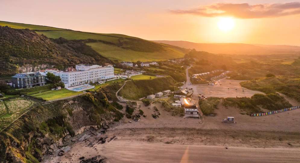 saunton sands hotel ariel shot from sea sunrise